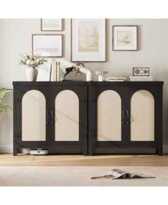 Rattan Sideboard Buffet Cabinets with Storage, Farmhouse Kitchen Accent Storage Cabinet, Boho Coffee Bar Cabinet