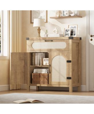 2Pcs Rattan Sideboard Buffet Cabinets with Storage, Farmhouse Kitchen Accent Storage Cabinet with Drawer