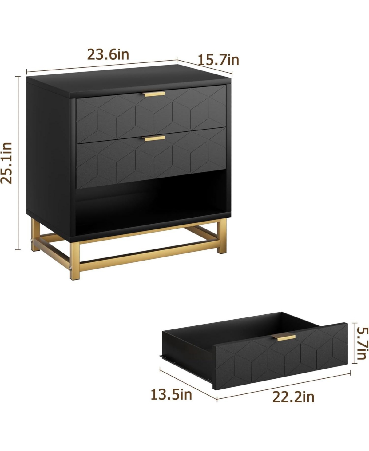 Gaomon Grey 3-Drawer Modern Wood Dresser, Bedroom and Closet Storage Chest with Gold Pulls, Nightstand-Style Organizer