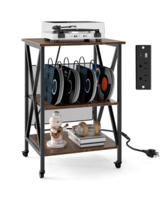 3-tier Record Player Stand with Metal Dividers Adjustable Shelf & Power Outlets