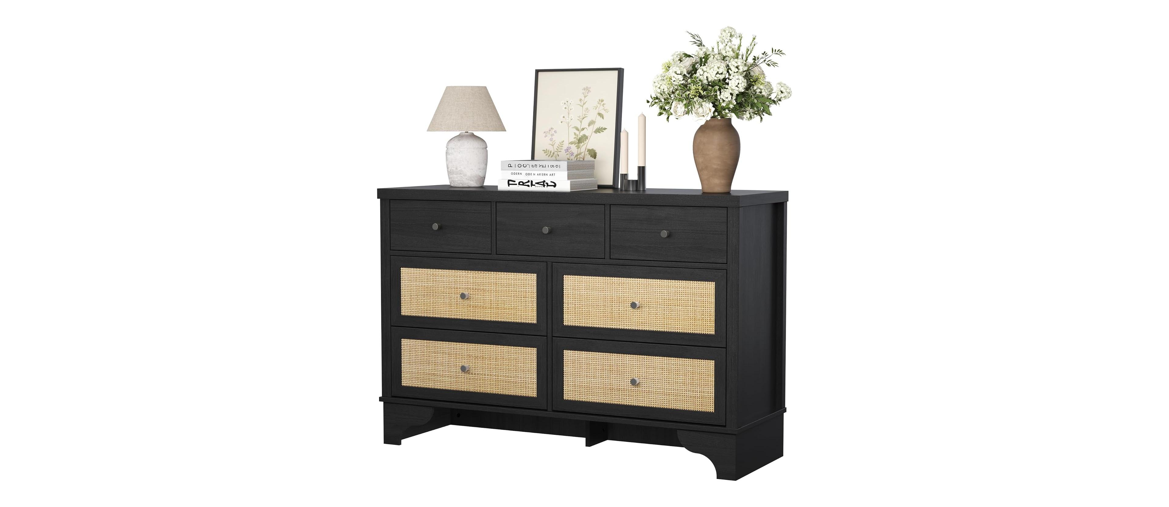 Gaomon Dresser for Bedroom with 7 Drawers, Wide Chest of Drawers with Rattan Fronts and Sturdy Base for Entryway or Hallway