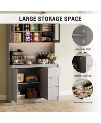 71" Pantry Cabinet with Charging Station,Tall Kitchen Pantry Storage Cabinet with Led Lights