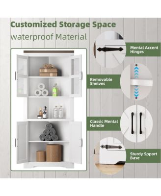 Tall Corner Cabinet, Farmhouse Corner Storage Cabinet with Glass Door & Adjustable Shelves, Space Saving Storage