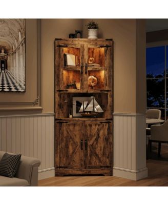 Tall Corner Cabinet, Farmhouse Corner Storage Cabinet with Glass Door & Adjustable Shelves, Space Saving Storage