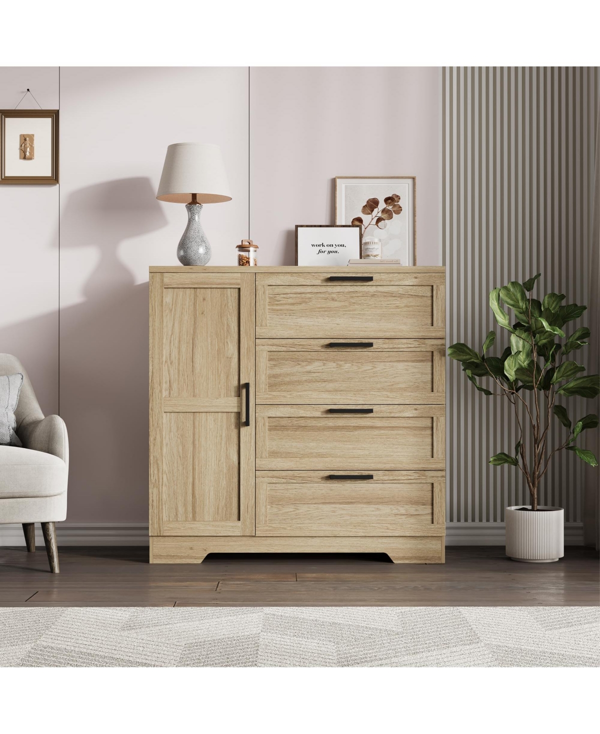 gaomon 43.3'' Small Wardrobe Closet, Wardrobe Cabinet with Door, 4 Drawers and Handing Rod, Wooden Clothes Cabinet 4 Drawer Dresser