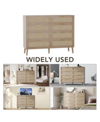 Rattan 8-Drawer Double Dresser, Modern Wood Storage Chest with Gold Handles for Bedroom, Living Room, Closet, or Entryway