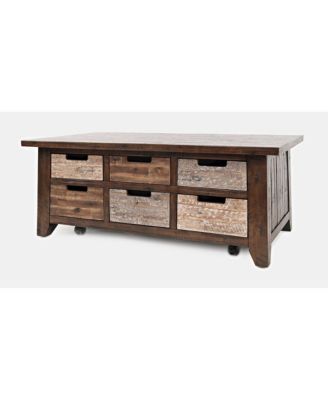 Rustic Solid Acacia Box Coffee Table with Pull-Through Drawers and Caster Wheels