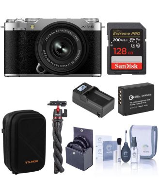 X-M5 Mirrorless Camera with XC 15-45mm f/3.5-5.6 OIS PZ Lens, Silver, Bundle with 128GB Memory Card, Extra Battery, Tripod with Ball Head,