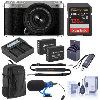 X-M5 Mirrorless Camera w/XC 15-45mm f/3.5-5.6 OIS PZ Lens, Silver, Bundle with 128GB Memory Card, 2x Extra Battery, Shotgun Microphone, Card