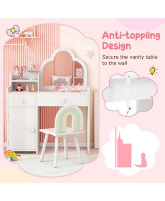 Kids Vanity Table and Chair Set with Cloud-shaped Mirror Open Shelf Storage Drawers