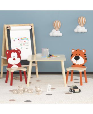 3-Piece Kids Table and Chair Set with Bear and Tiger Theme in Natural