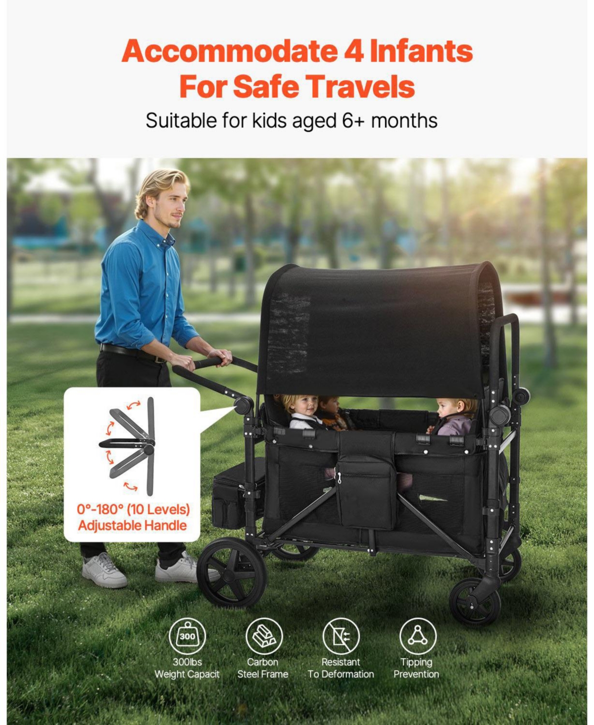 Sugfit Wagon Stroller for 4 Kids Folding Quad Stroller with Canopy 330 Lb Capacity