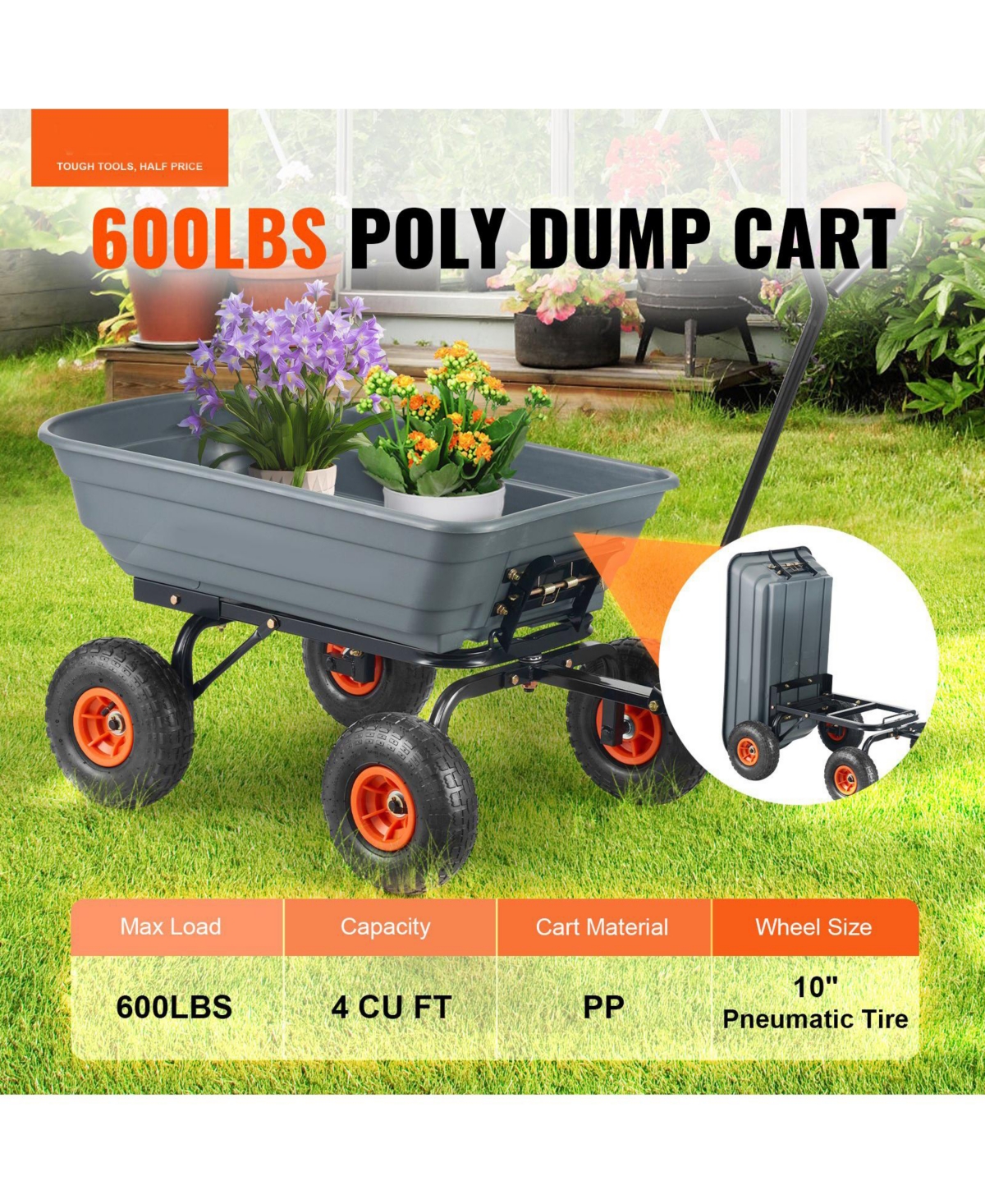 Sugfit Poly Garden Cart with 600 lbs Capacity & Steel Reinforcement