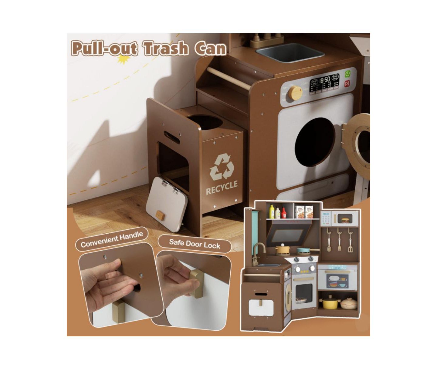 Детская игрушка HONGGE Corner Kids Play Kitchen with Lights and Sounds, Ages 3+, цвет: Коричневый — фото 3