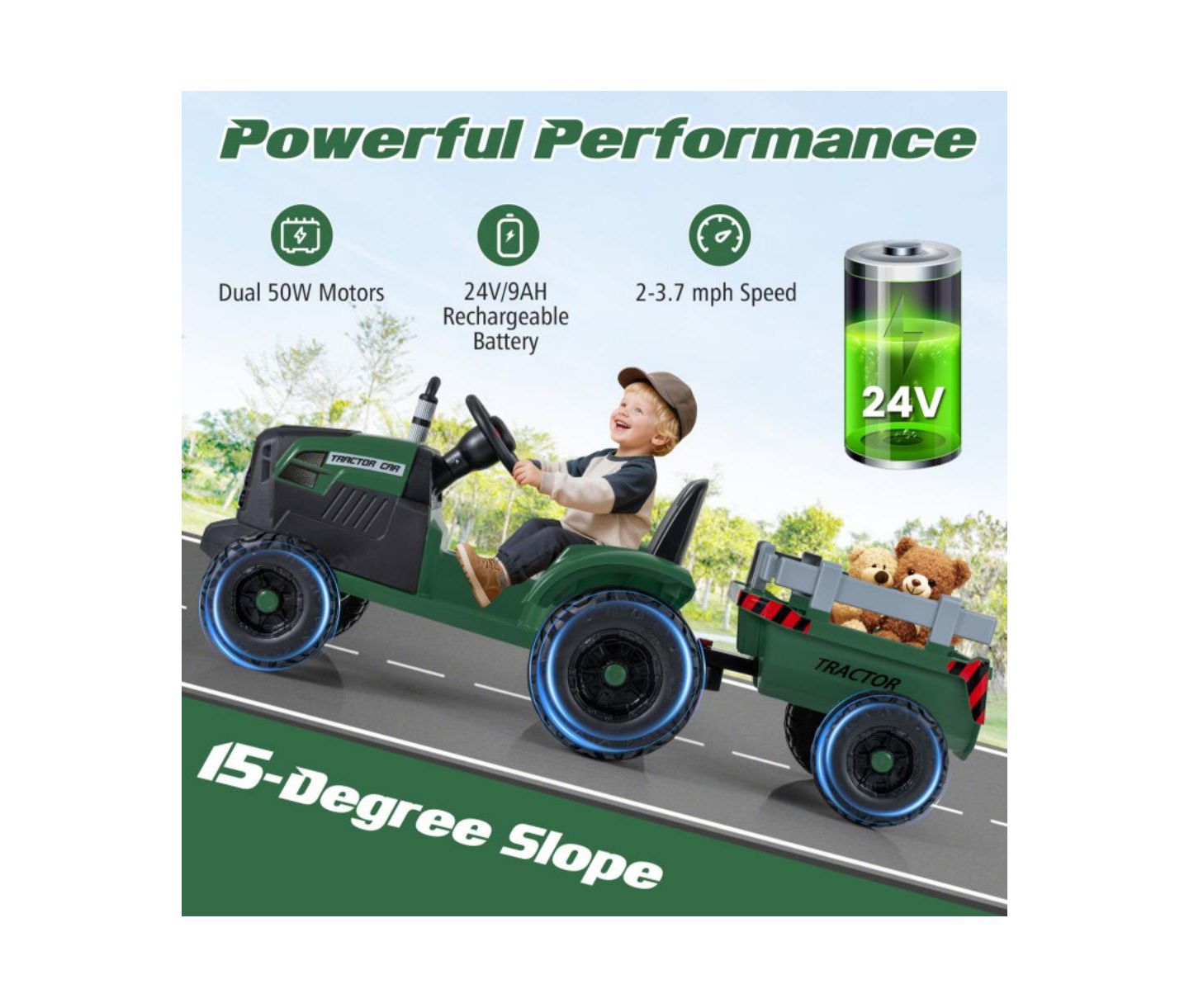 Детская игрушка HONGGE 24V Kids Ride On Tractor with Detachable Trailer, цвет: Тёмный зелёный — фото 8