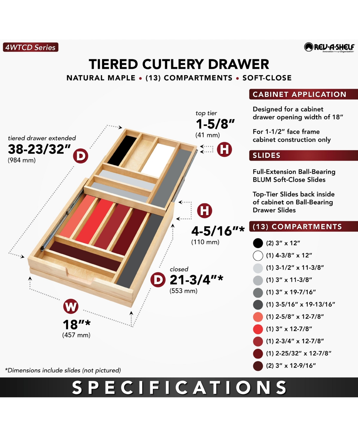 Rev-a-Shelf 18'' Tiered Cutlery Drawer Organizer w/ Soft-Close, 4WTCD-21HSC-1