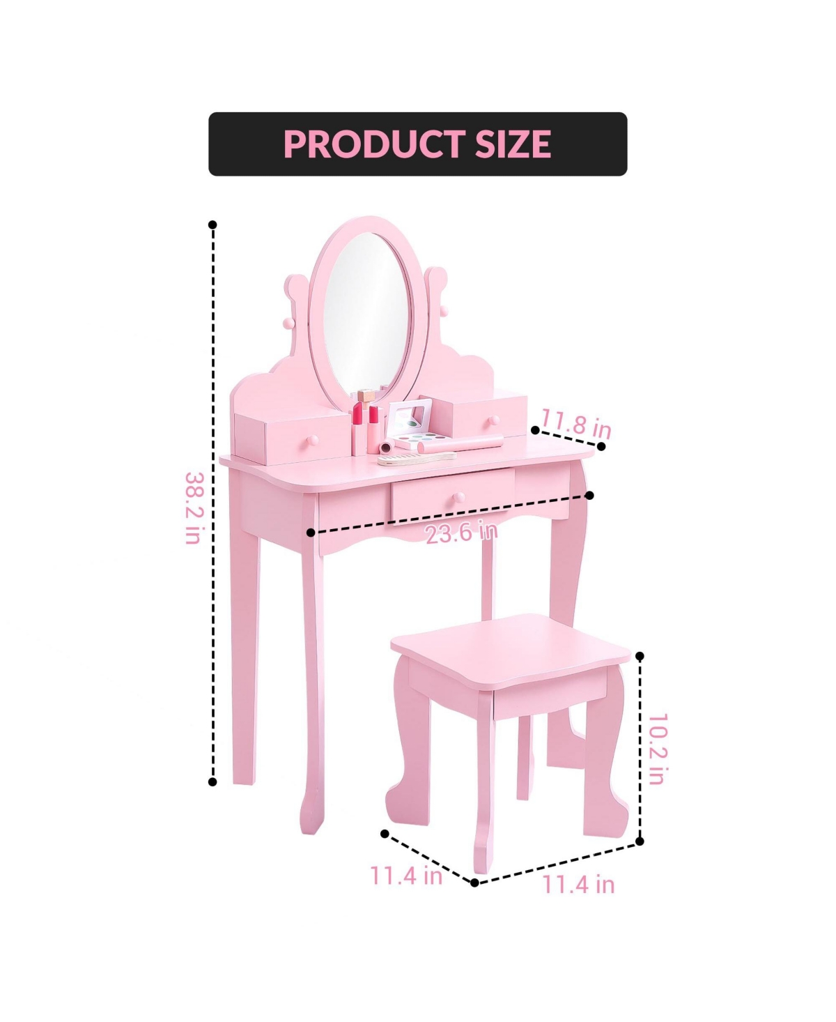 Kids' Vanity Set with Adjustable Mirror, Pretend Play Table and Stool Wood Makeup