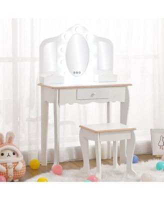 Kids Vanity with Lighted Mirror, Little Girls Vanity Table & Stool, Kids Makeup with Tri-Fold Mirror, Drawer & Storage Grid for 3-9 Yrs Girls