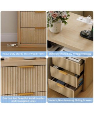 Fluted Nightstand Set of 2, Bedside Table Built-in Charging Station, Featuring 3 Drawer & Open Storage Space, Mid Century Modern Night Stand