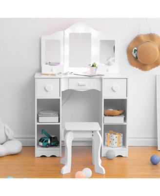 Kids Vanity Set, 2-in-1 Princess Makeup Table with Tri-Folding Mirror & Drawer, Stool, Toddler Vanity, Pretend Play Vanity Set for Kids