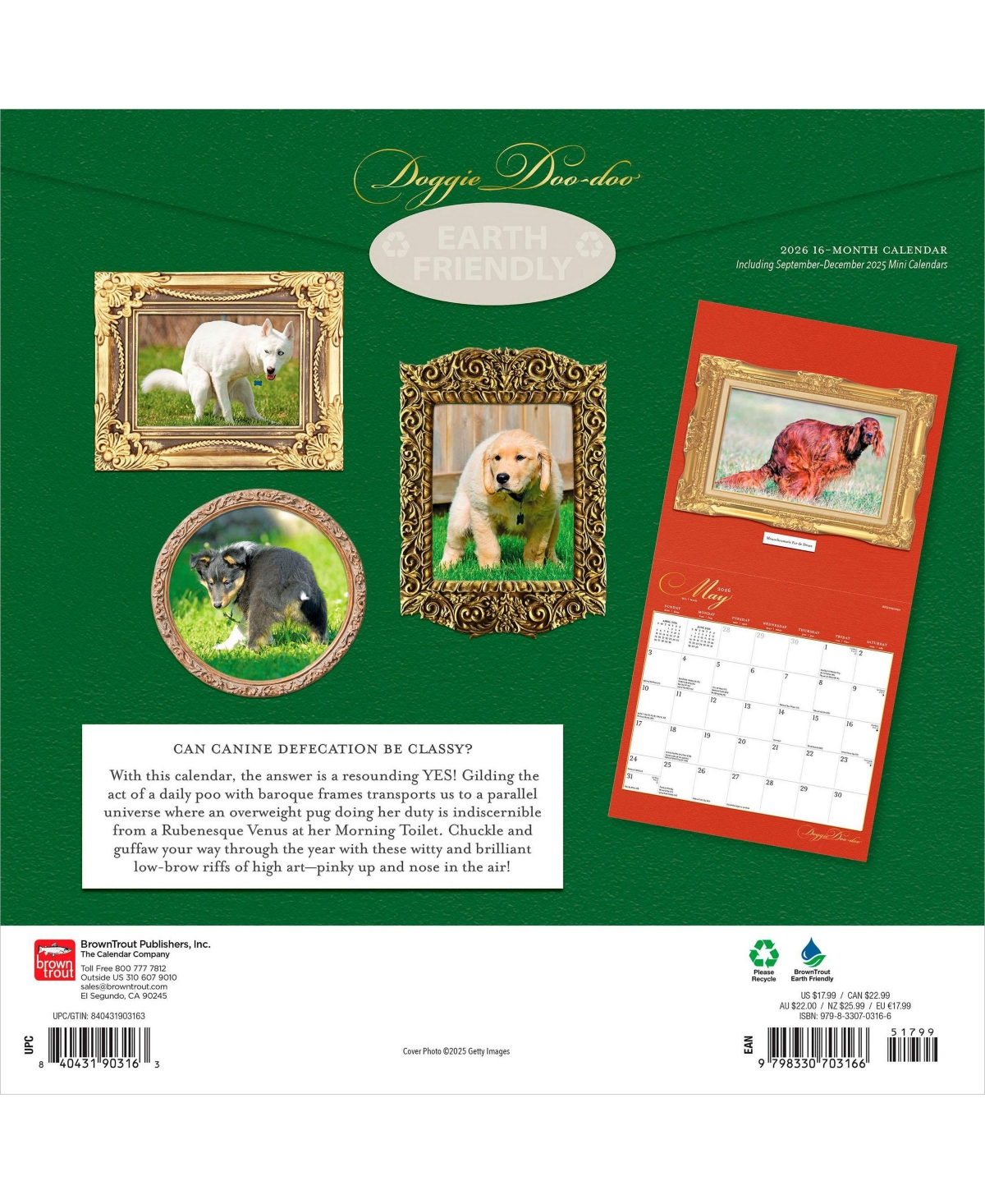BrownTrout Doggie Doo Doo | 2026 12 x 24 Inch (Hanging) Monthly Square Wall Calendar | Plastic-Free
