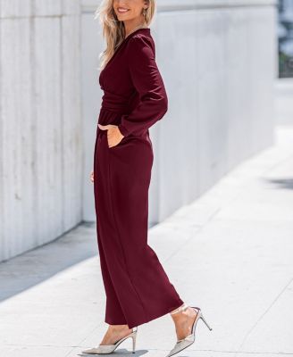 Women's Plunging V-Neck Long Sleeve Wide-Leg Jumpsuit