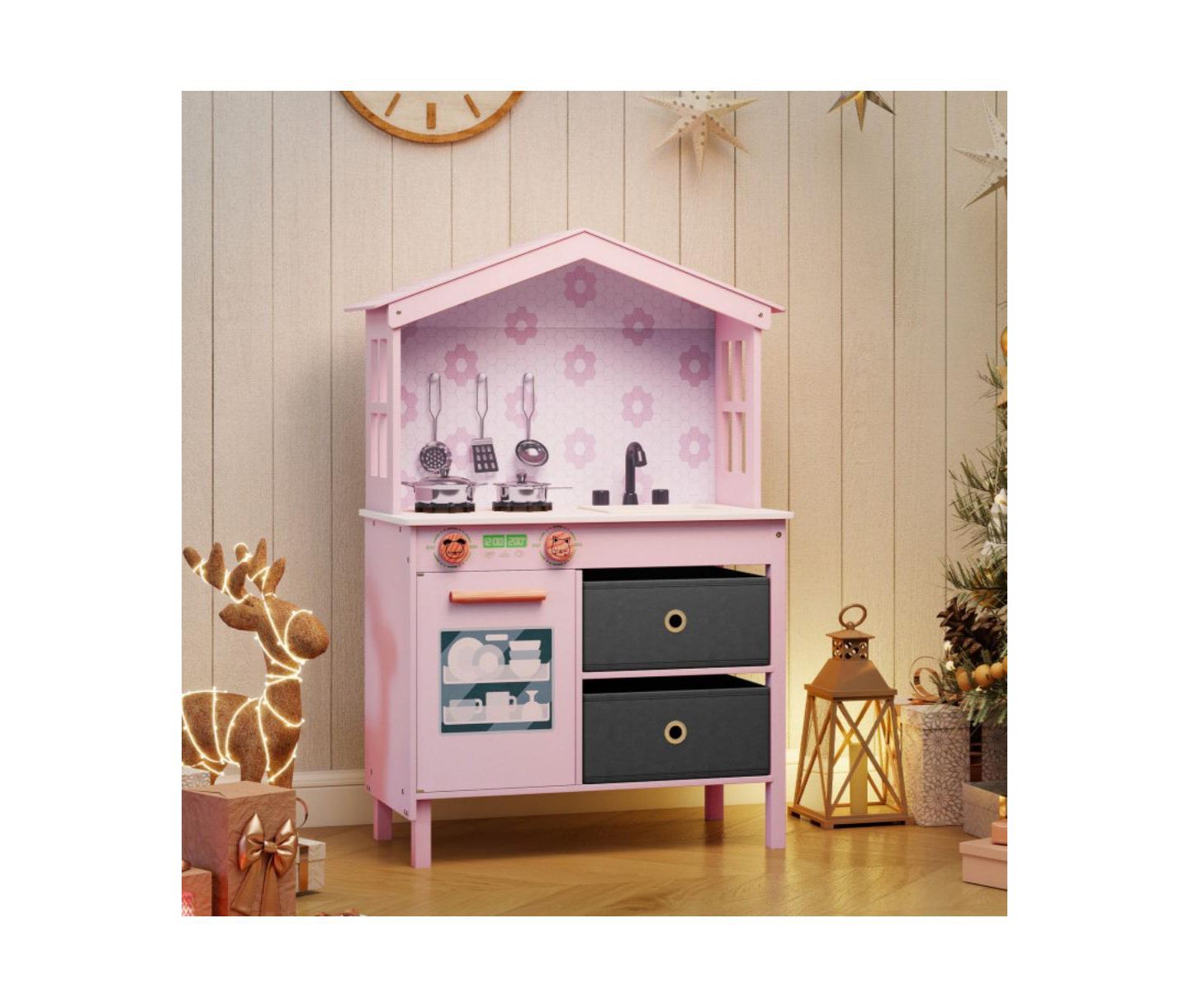 Детская игрушка HONGGE Dual Stoves Wooden Play Kitchen, Ages 3+, цвет: Розовый — фото 3
