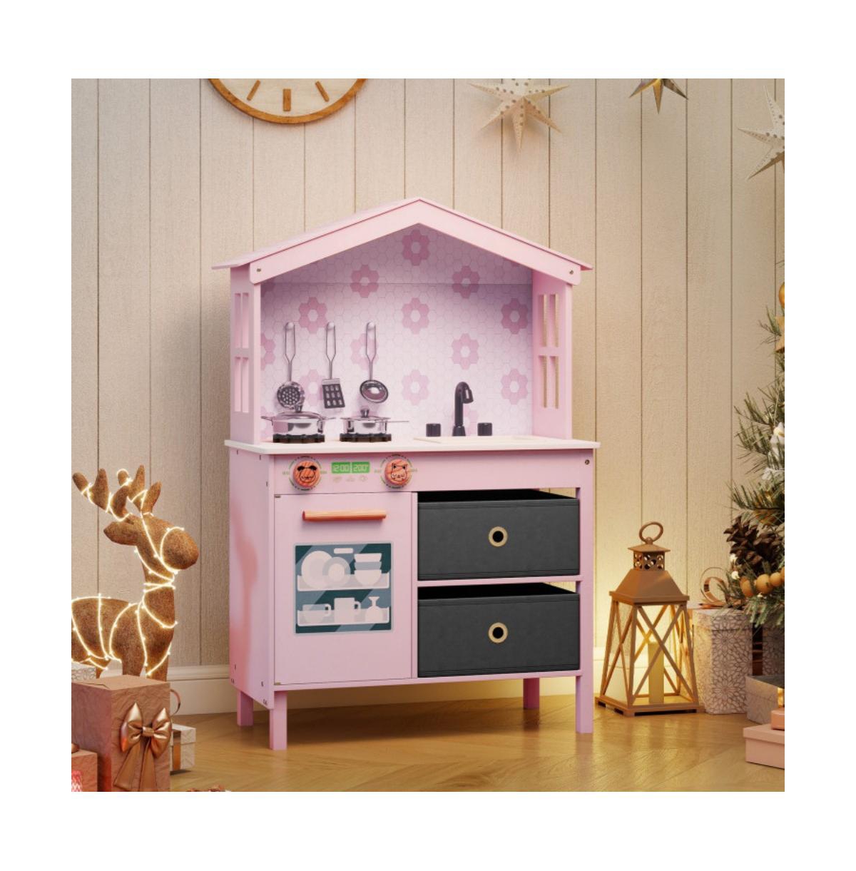 Hongge Kids Play Kitchen with Dual Stoves and Turning Knobs