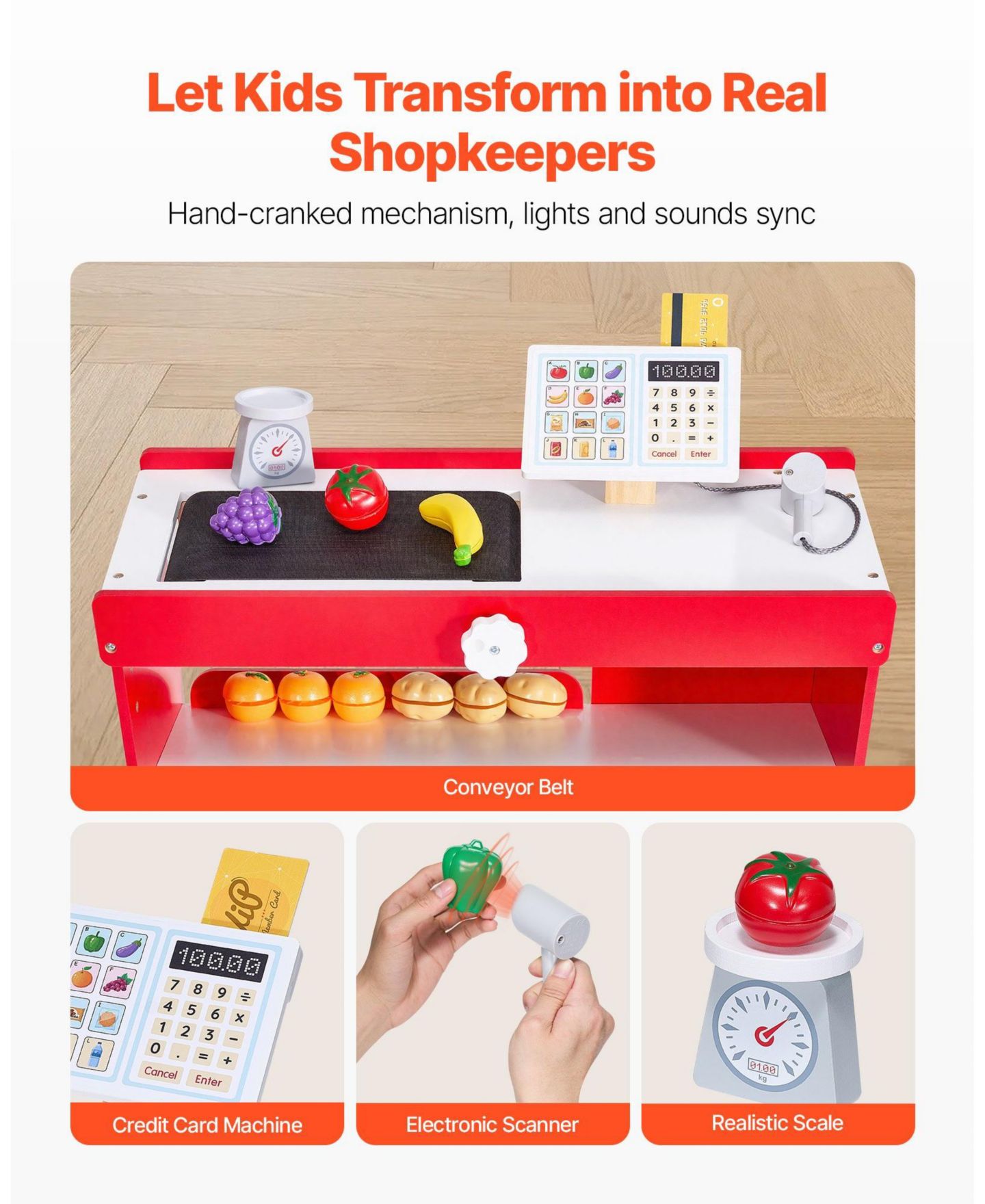 Детский игровой набор HONGGE Grocery Store Conveyor Belt 35-Piece Playset, Ages 3+, цвет: Красный — фото 8