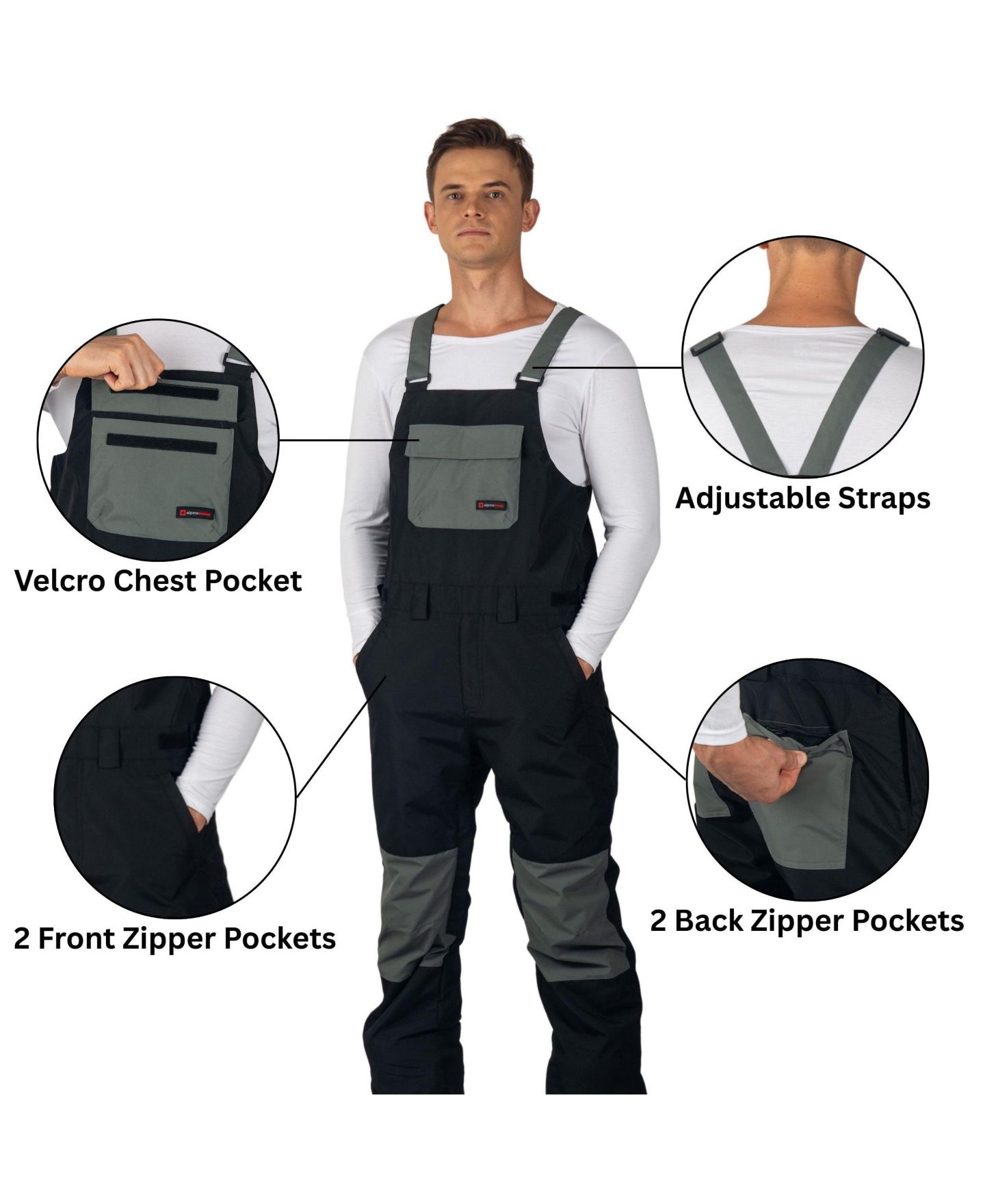 Мужские брюки Alpine Swiss Snow Bib 10K Waterproof Ski Overalls Insulated Snowboard, цвет: Чёрный — фото 5