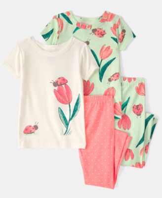 Girls' Toddler 2T-5T Ladybug Floral Top and Pajama Pants, 4-Piece Set