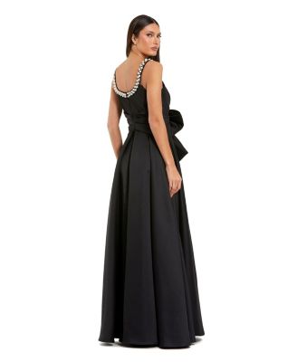 Women's Satin Gown With Pearl Neckline and Bow Detail