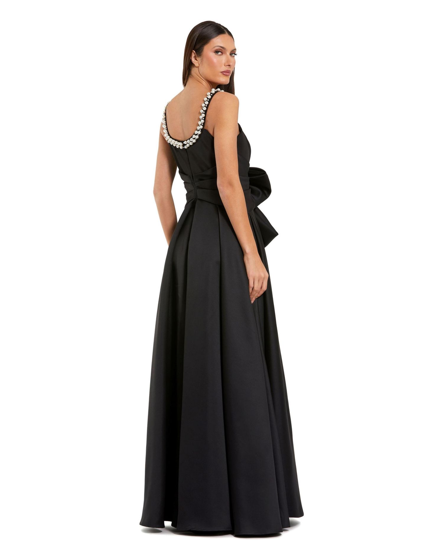 Women's Satin Gown With Pearl Neckline and Bow Detail
