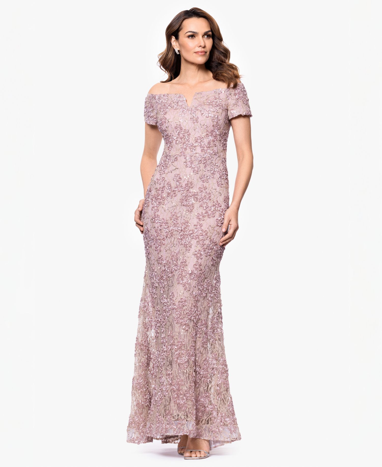 Petite Off-The-Shoulder Soutache Lace Gown