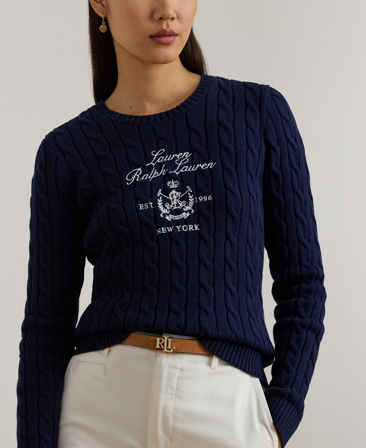Lauren Ralph Petite Embroidered-Crest Crewneck Sweater
