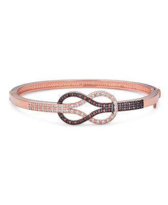 Tri-Tone Love Knot Bangle Bracelet and CZ Petal Cubic Zirconia Stud Earring Jewelry Set Rose Gold Plated