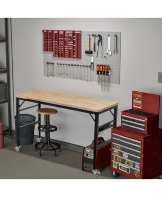 60" Adjustable Rubber Wood Workbench with Power Outlets & Wheels, 2000 LBS Load Capacity