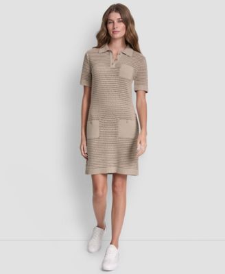 Women's Short-Sleeve Polo Collar Faux Crochet Stitch Short Dress