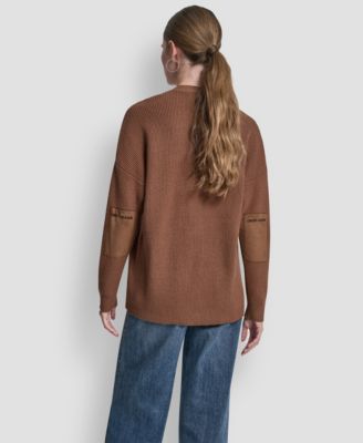 Women's Relaxed V-Neck Shaker Stitch Cardigan With Suede Logo Patch