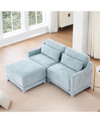Chenille 2-Seater Sofa w/ Ottoman & Pillows - Sky Blue