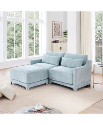 Chenille 2-Seater Sofa w/ Ottoman & Pillows - Sky Blue
