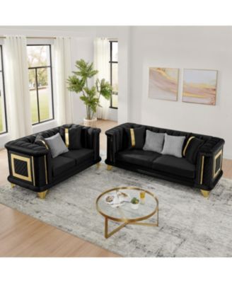 Streamdale Velvet Sofa Set: Gold Trim, Embroidered, Mid-Century Modern