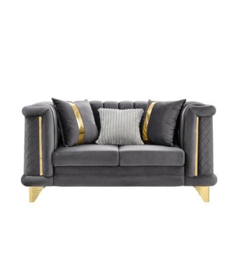 69" Velvet Loveseat Sofa, Gold Trim, Tufted, Pillows - Gray