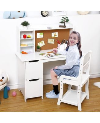 Kids Study Desk with Chair, White Desk Set for Kids, Student Writing Desk with Bookshelf, Bulletin Board and Cabinets for Boys and Girls