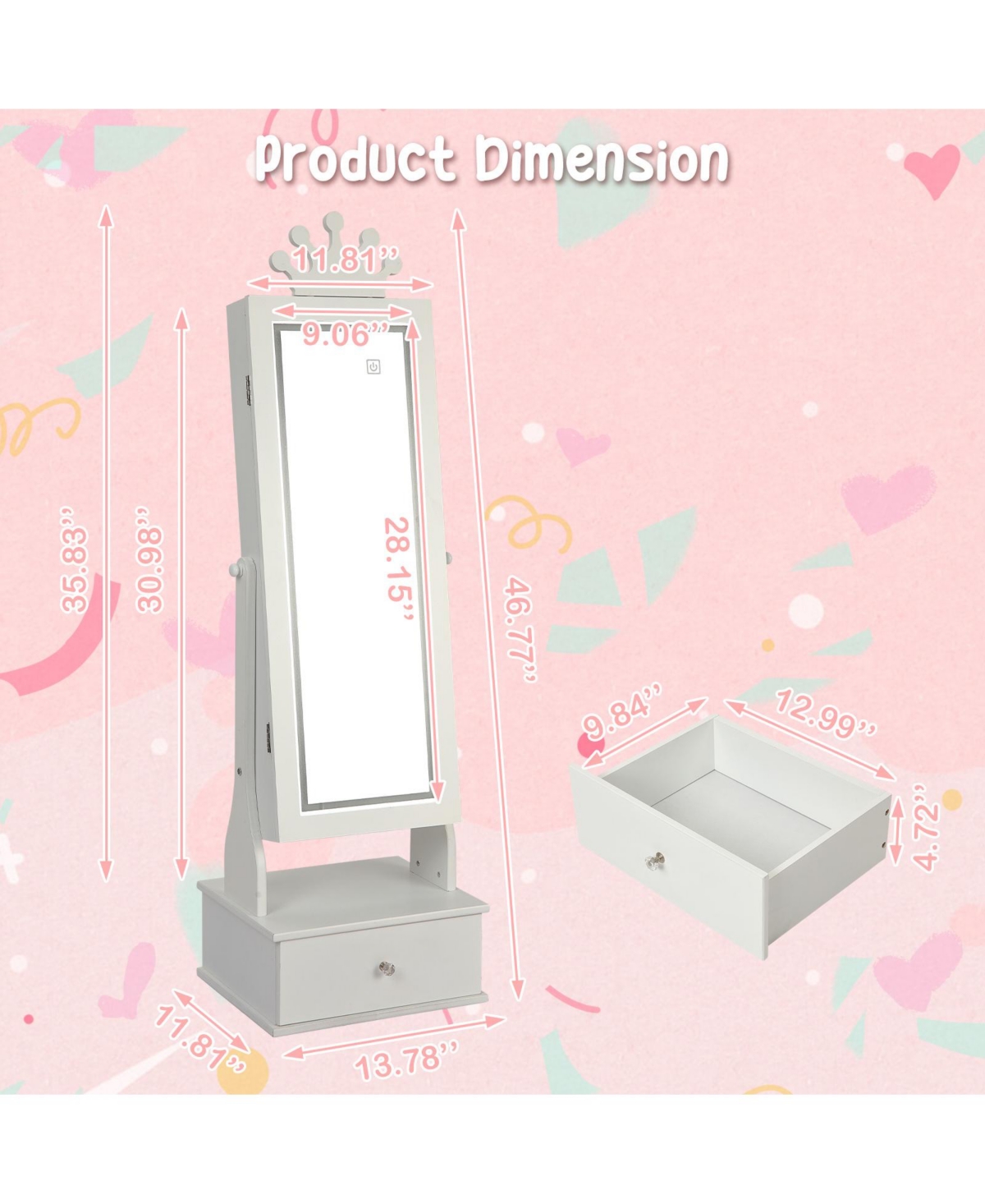 Gaomon Kids Jewelry Armoire with Led Light, Freestanding Organizer Mirror & 3 Drawers