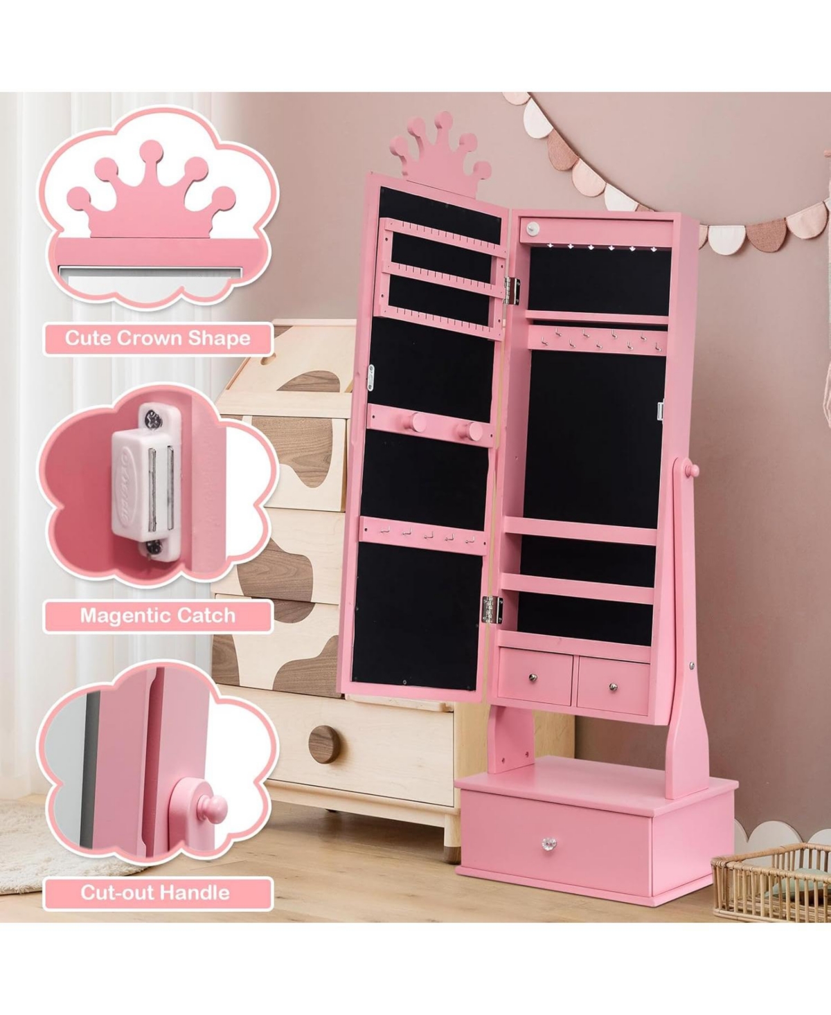 Gaomon Kids Jewelry Armoire with Led Light, Freestanding Organizer Mirror & 3 Drawers