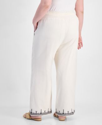 Trendy Plus Size Embroidered Cotton Wide Leg Pants