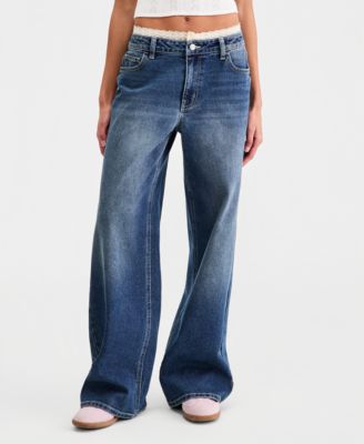 Juniors' Lace-Trim Wide-Leg Baggy Jeans