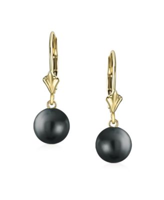 Classic Yellow Gold Grey Black White 8MM Round Freshwater Cultured Pearl Drop Ball Dangle Earrings Lever Back Women