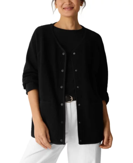 Women's V-Neck Snap Front Jacket, Regular And Petites - Black